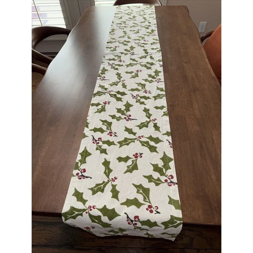 Crate & Barrel Holly Table Runner 14x90 Cotton Linen Christmas Holiday Berries